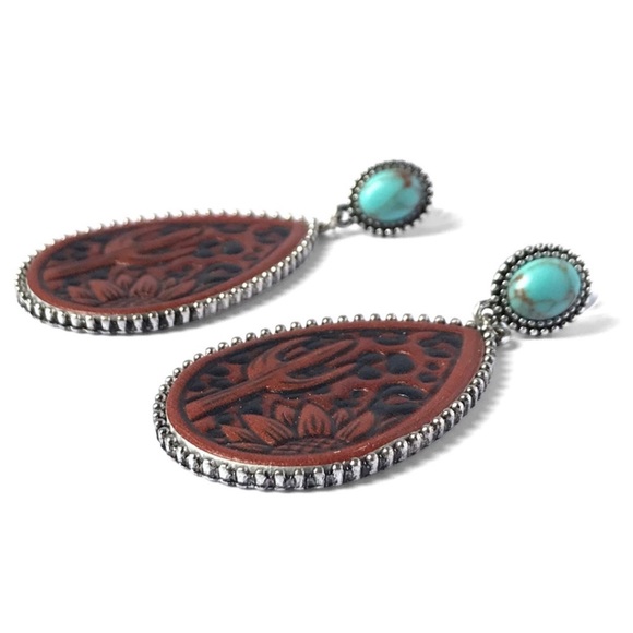 1 LEFT! Handmade Genuine Leather Turquoise Stone Dangle Western Earrings - Picture 2 of 4